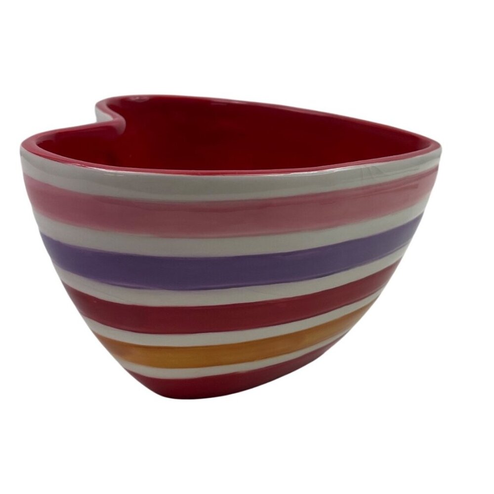 Heart-Shaped Ceramic Bowl With Multicolor Stripes Red Interior 6" Diameter - Picture 8 of 13